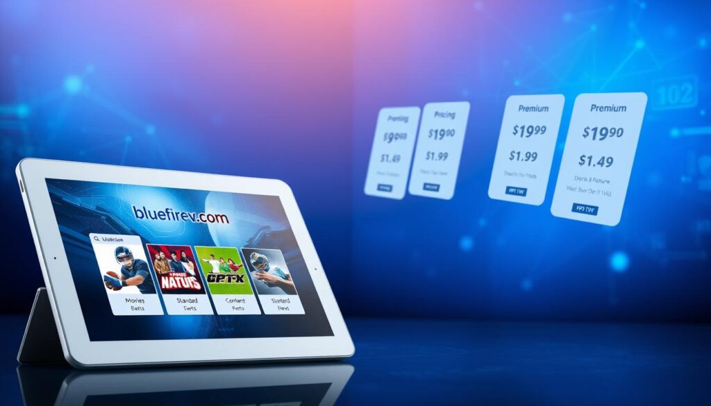 A sleek, modern digital landscape showcasing IPTV subscription plans and pricing options. In the foreground, a stylish tablet displays a dynamic interface with the brand name "bluefireiptv.com." The screen features visually appealing graphics illustrating different subscription tiers with vibrant colors and icons representing content categories like movies, sports, and news. In the middle ground, an array of virtual pricing cards floats gently, each card indicating various pricing options, with clear distinctions between basic, standard, and premium plans. The background is a gradient of deep blue and tech-inspired visuals, suggesting a high-tech atmosphere. Soft, ambient lighting highlights the tablet while casting subtle shadows, creating a professional and trustworthy mood. No text, captions, or signatures are included, focusing solely on the elegance of IPTV features and pricing.