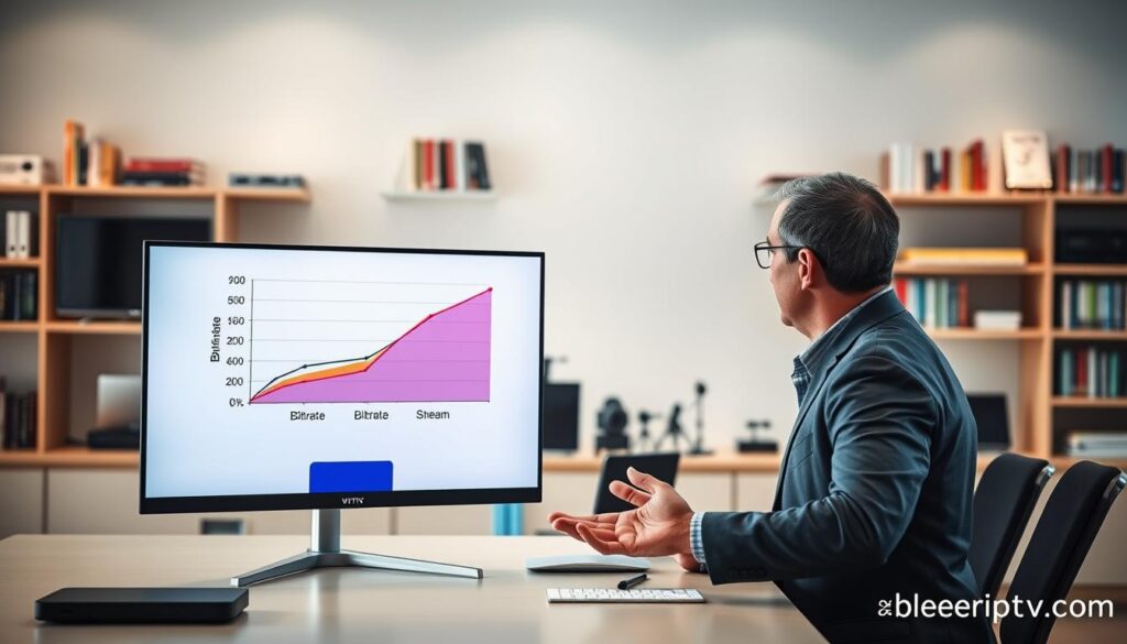 A sleek, modern digital workspace showcasing the concepts of streaming quality and bitrate importance. In the foreground, a high-definition monitor displays a graph illustrating HD, Full HD, and 4K resolutions, with vivid colors and sharp details. Beside the monitor, a professional in business attire gestures towards the screen, explaining the significance of bitrate in streaming, symbolizing clarity and quality. In the middle ground, various device silhouettes—TVs, tablets, and smartphones—suggest popular streaming methods. The background features soft-focus shelves filled with tech-related books, enhancing the educational atmosphere. Illuminate the scene with bright, natural lighting to evoke a sense of professionalism and engagement. Ensure the brand "bluefireiptv.com" is subtly included in the design elements, integrated into the digital workspace. A sleek, modern digital workspace showcasing the concepts of streaming quality and bitrate importance. In the foreground, a high-definition monitor displays a graph illustrating HD, Full HD, and 4K resolutions, with vivid colors and sharp details. Beside the monitor, a professional in business attire gestures towards the screen, explaining the significance of bitrate in streaming, symbolizing clarity and quality. In the middle ground, various device silhouettes—TVs, tablets, and smartphones—suggest popular streaming methods. The background features soft-focus shelves filled with tech-related books, enhancing the educational atmosphere. Illuminate the scene with bright, natural lighting to evoke a sense of professionalism and engagement. Ensure the brand "bluefireiptv.com" is subtly included in the design elements, integrated into the digital workspace.
