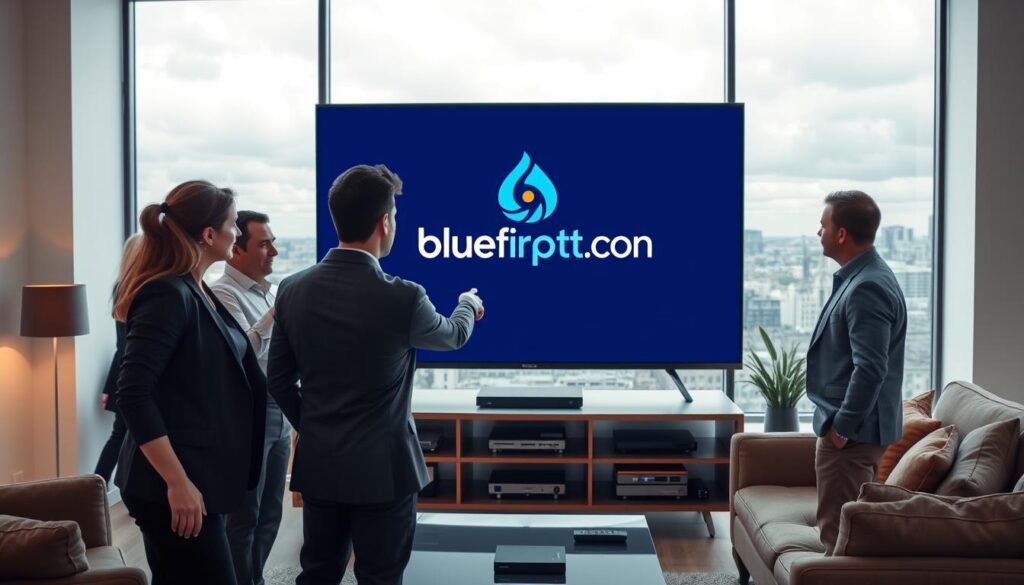 A sleek, modern living room featuring a large flat-screen TV displaying the logo of "bluefireiptv.com" prominently. In the foreground, a diverse group of three professionals—a woman in a smart blazer, a man in a casual shirt, and another individual in business casual attire—are gathered, discussing and pointing at the screen, showcasing their engagement with IPTV technology. The middle ground highlights the TV cabinet with various media devices, symbolizing connectivity and entertainment. In the background, a large window reveals a cloudy UK skyline, suggesting an atmosphere of compliance and security in IPTV usage. Soft, diffused lighting creates a warm, inviting ambiance, enhancing a sense of trust and professionalism in the space. A sleek, modern living room featuring a large flat-screen TV displaying the logo of "bluefireiptv.com" prominently. In the foreground, a diverse group of three professionals—a woman in a smart blazer, a man in a casual shirt, and another individual in business casual attire—are gathered, discussing and pointing at the screen, showcasing their engagement with IPTV technology. The middle ground highlights the TV cabinet with various media devices, symbolizing connectivity and entertainment. In the background, a large window reveals a cloudy UK skyline, suggesting an atmosphere of compliance and security in IPTV usage. Soft, diffused lighting creates a warm, inviting ambiance, enhancing a sense of trust and professionalism in the space.