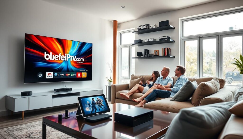 A sleek, modern living room featuring a large flat-screen TV displaying vibrant IPTV content, showcasing the "bluefireiptv.com" logo prominently. In the foreground, a stylish coffee table with a tablet and streaming devices, representing user-friendly technology. The middle ground includes a comfortable sofa with cushions, where a family in professional casual attire enjoys watching TV together, conveying a sense of togetherness and satisfaction. The background features a well-decorated wall mounted with shelves containing various gadgets related to streaming, adding a touch of tech elegance. Natural light filters in through large windows, illuminating the scene with a warm and inviting ambiance. The overall mood is one of enjoyment and relaxation, highlighting the advantages of top-rated UK IPTV providers in 2026. A sleek, modern living room featuring a large flat-screen TV displaying vibrant IPTV content, showcasing the "bluefireiptv.com" logo prominently. In the foreground, a stylish coffee table with a tablet and streaming devices, representing user-friendly technology. The middle ground includes a comfortable sofa with cushions, where a family in professional casual attire enjoys watching TV together, conveying a sense of togetherness and satisfaction. The background features a well-decorated wall mounted with shelves containing various gadgets related to streaming, adding a touch of tech elegance. Natural light filters in through large windows, illuminating the scene with a warm and inviting ambiance. The overall mood is one of enjoyment and relaxation, highlighting the advantages of top-rated UK IPTV providers in 2026.