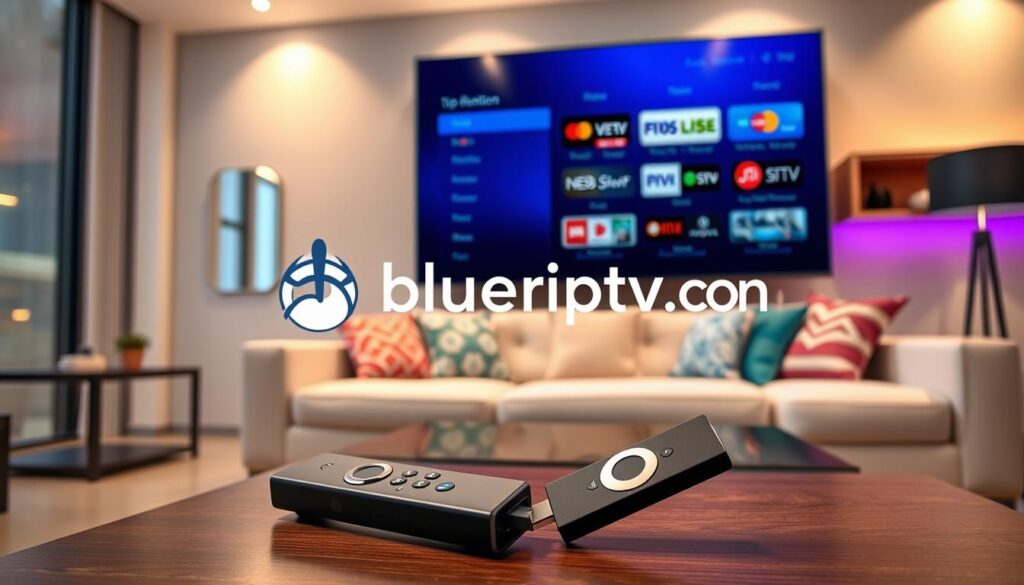 A sleek, modern living room featuring a large flat-screen TV prominently displaying a high-definition IPTV interface, emphasizing its intuitive navigation. In the foreground, a stylish Firestick remote is placed on a coffee table, adorned with vibrant streaming icons. In the middle ground, a cozy couch with colorful cushions invites viewers to relax while streaming seamlessly. The background showcases a well-lit room with warm ambient lighting, casting a soft glow that enhances the inviting atmosphere. The focus is on the user-friendly design and top features of IPTV players, highlighting efficiency, diversity of channels, and smooth streaming capabilities. The brand logo "bluefireiptv.com" is subtly integrated into the TV display, without overpowering the scene, maintaining a professional and polished look. A sleek, modern living room featuring a large flat-screen TV prominently displaying a high-definition IPTV interface, emphasizing its intuitive navigation. In the foreground, a stylish Firestick remote is placed on a coffee table, adorned with vibrant streaming icons. In the middle ground, a cozy couch with colorful cushions invites viewers to relax while streaming seamlessly. The background showcases a well-lit room with warm ambient lighting, casting a soft glow that enhances the inviting atmosphere. The focus is on the user-friendly design and top features of IPTV players, highlighting efficiency, diversity of channels, and smooth streaming capabilities. The brand logo "bluefireiptv.com" is subtly integrated into the TV display, without overpowering the scene, maintaining a professional and polished look.