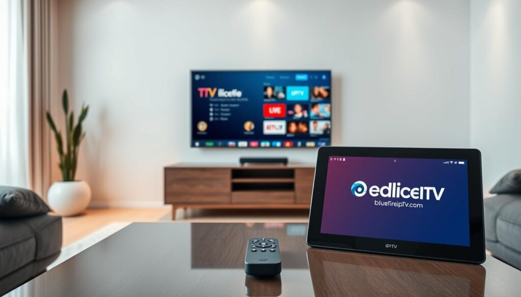 A sleek, modern living room featuring an Android TV displaying the TiviMate IPTV player interface, emphasizing smooth streaming capabilities. In the foreground, a stylish coffee table holds a remote control and a tablet displaying the bluefireiptv.com logo. The middle of the image showcases the TV mounted on a minimalist wall, showing vibrant IPTV content in high resolution, with a focus on the clarity and fluidity of streaming. In the background, soft ambient lighting creates a cozy and inviting atmosphere, highlighting the contemporary decor. Use a wide-angle lens to capture depth, and ensure bright, balanced lighting enhances the scene's welcoming feel.