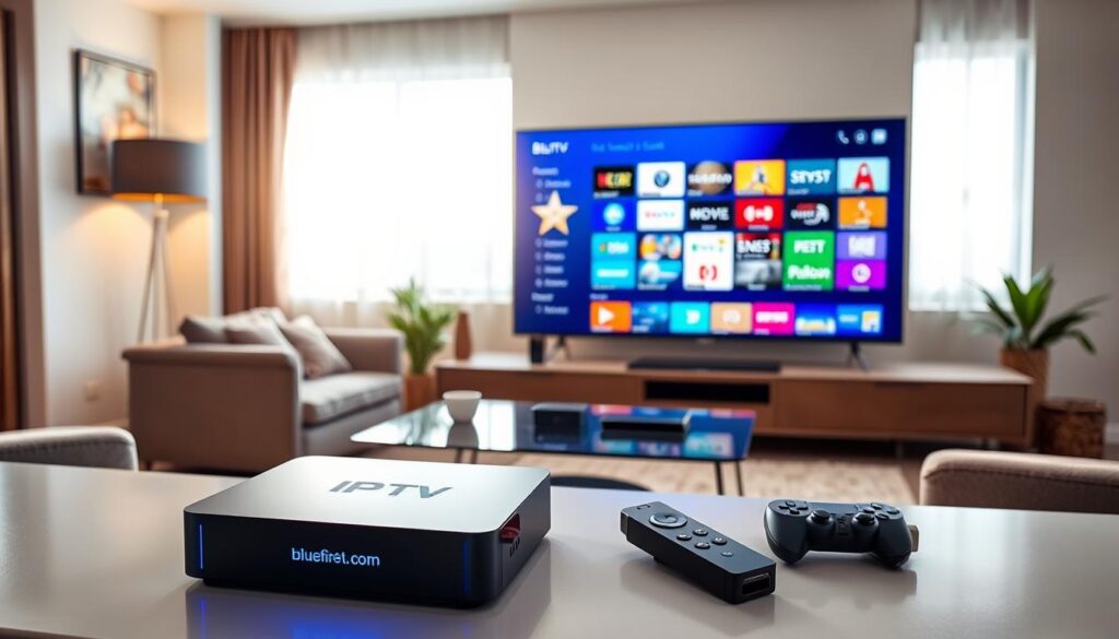 A sleek modern living room featuring an IPTV Android TV box prominently displayed on a stylish entertainment center. In the foreground, the box is illuminated with soft ambient lighting, showcasing its modern design and sleek interfaces. In the middle ground, a large flat-screen TV displays a vibrant IPTV interface, filled with colorful app icons. Various streaming devices, like a traditional streaming stick and a gaming console, are subtly included for comparison. The background features a cozy sofa and a stylish decorative plant, creating a warm, inviting atmosphere. The scene is captured in a slightly angled view, enhancing the depth and perspective, with natural light streaming in through a window, adding a serene, tech-savvy vibe. The brand name "bluefireiptv.com" is subtly referenced in the design of the TV interface.