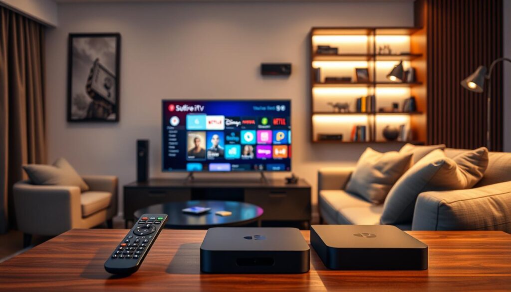 A sleek modern living room scene featuring a high-end IPTV Android TV box prominently displayed on a stylish media console. In the foreground, a remote control and a tablet showcase popular app icons like Netflix, Hulu, and Disney+. The TV screen in the middle should display a vibrant user interface of a streaming service, illuminated with soft ambient lighting. The couch nearby is arranged thoughtfully with plush cushions, creating a cozy atmosphere. In the background, a well-lit shelf showcases various streaming devices and books related to technology. The overall mood is inviting and tech-savvy, emphasizing the compatibility theme, with "bluefireiptv.com" subtly integrated into the scene without any text. The lighting is warm, with a focus on the IPTV box, captured with a slight depth of field.