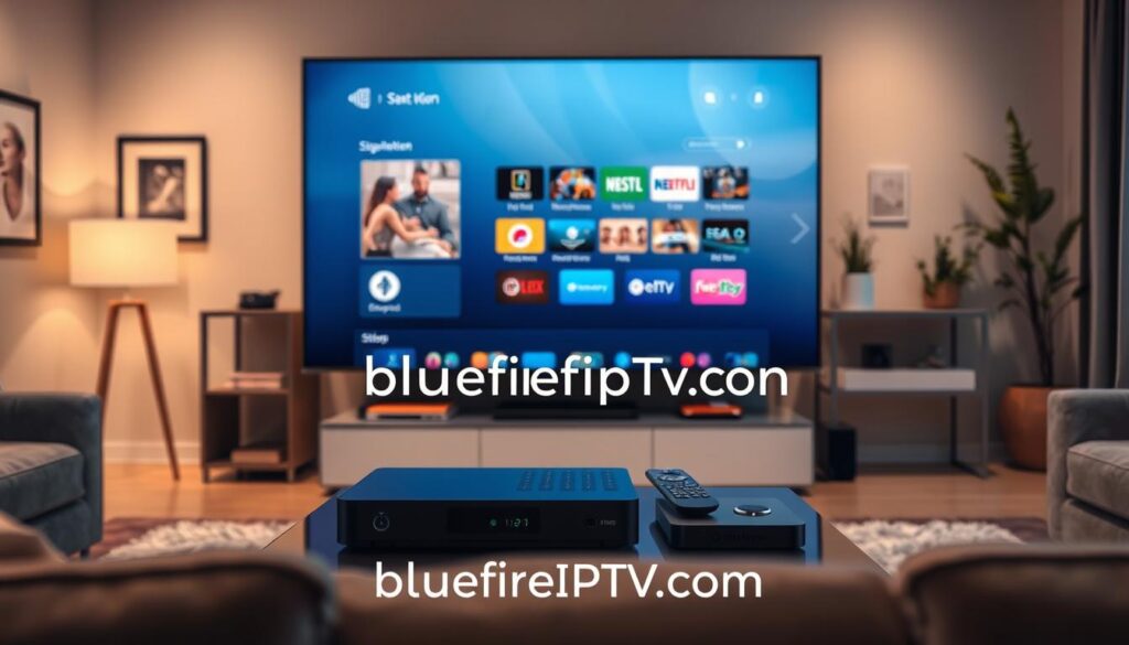 A sleek, modern living room setting as the foreground, showcasing a large flat-screen TV displaying a high-definition streaming interface. The middle layer features a variety of streaming devices, such as a set-top box and a smart remote control, artistically arranged on a stylish coffee table. Background elements include subtle decorations like framed artworks and houseplants, creating a cozy and inviting atmosphere. Soft, warm lighting illuminates the scene, emphasizing the clarity and vivid colors on the TV screen. Capture the essence of understanding streaming quality and reliability with a focus on technology and comfort. The image should resonate with a sense of seamless entertainment, while prominently featuring the brand name "bluefireiptv.com" subtly incorporated into the scene.