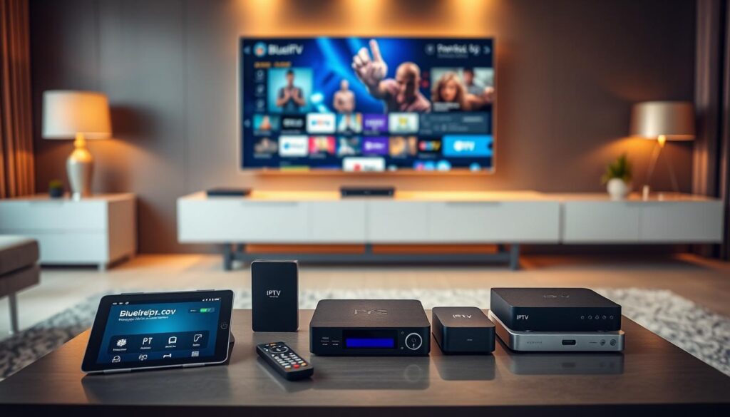 A sleek modern living room setting designed for high-quality streaming, showcasing five IPTV player devices in a professionally arranged layout. In the foreground, a stylish coffee table holds a tablet displaying the bluefireiptv.com interface, alongside a remote control. In the middle ground, five distinct IPTV player models are artfully positioned on a minimalistic console, each with a unique design that highlights their modern technology. In the background, a large flat-screen TV displays vibrant streaming content, with soft ambient lighting creating a cozy yet tech-savvy atmosphere. Use a warm color palette to evoke comfort, and apply a slight depth of field effect to emphasize the IPTV players. The overall mood is inviting and sophisticated, perfect for illustrating the best IPTV options for 2026.