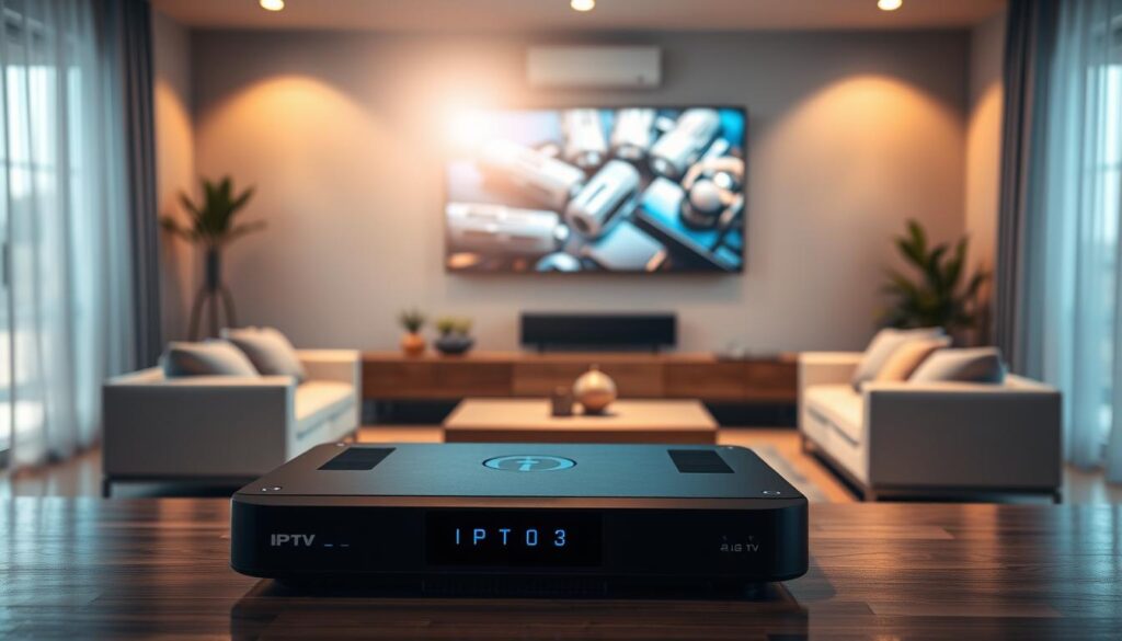 A sleek, modern living room setting featuring a high-tech IPTV device prominently displayed in the foreground on a stylish entertainment center. The device is black with illuminated buttons displaying a professional design, symbolizing cutting-edge technology. In the middle ground, a large flat-screen TV is mounted on the wall, showing vibrant streaming content without any text or logos. In the background, cozy seating and soft ambient lighting create a welcoming atmosphere. Bright daylight filters through sheer curtains, casting a warm glow across the room. The overall mood is inviting and tech-savvy, illustrating modern streaming solutions. Include subtle branding elements that suggest "bluefireiptv.com" to hint at quality streaming options. A sleek, modern living room setting featuring a high-tech IPTV device prominently displayed in the foreground on a stylish entertainment center. The device is black with illuminated buttons displaying a professional design, symbolizing cutting-edge technology. In the middle ground, a large flat-screen TV is mounted on the wall, showing vibrant streaming content without any text or logos. In the background, cozy seating and soft ambient lighting create a welcoming atmosphere. Bright daylight filters through sheer curtains, casting a warm glow across the room. The overall mood is inviting and tech-savvy, illustrating modern streaming solutions. Include subtle branding elements that suggest "bluefireiptv.com" to hint at quality streaming options.