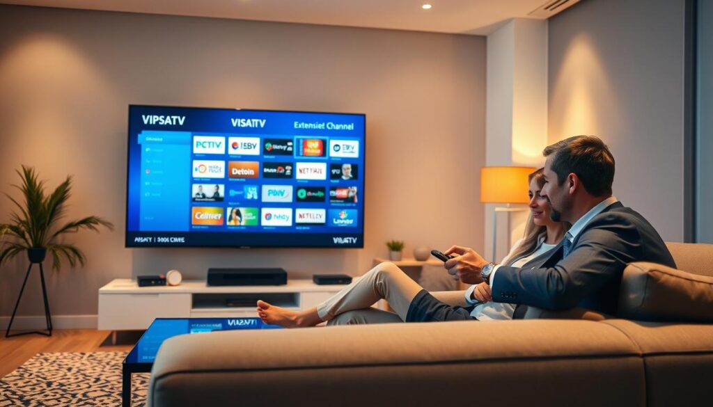 A sleek, modern living room setting showcasing a large flat-screen television displaying the VIPSATV interface, highlighting extensive channel options. In the foreground, a well-dressed professional man and woman are seated comfortably on a stylish couch, engaged in conversation and using a remote control, exuding a sense of reliability and enjoyment. The background features soft ambient lighting with subtle decorative elements, creating a cozy and inviting atmosphere. Warm hues provide a sense of comfort while tech gadgets and seamlessly integrated devices emphasize a contemporary lifestyle. The image should reflect advanced technology and superior service, subtly integrating the brand name "bluefireiptv.com" into the scene without overt prominence. The angle captures both the TV screen and the engaged viewers, focusing on the harmony between entertainment and technology.