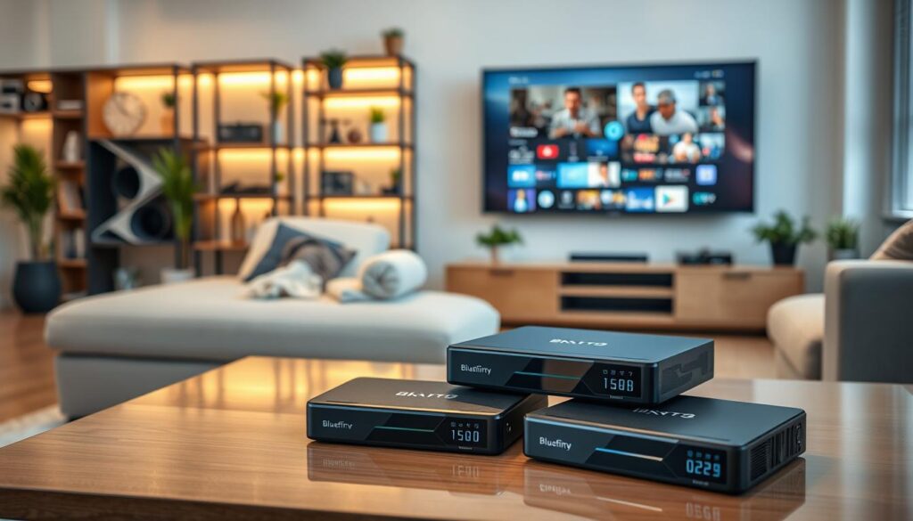 A sleek, modern living room setting showcasing the latest IPTV boxes on a stylish coffee table. In the foreground, a few high-end IPTV boxes are displayed prominently, such as a bluefireiptv.com device, featuring a glossy finish and intuitive design. The middle layer captures a cozy sofa with a throw blanket, facing a large flat-screen TV that displays visually stunning streaming content. The background features well-lit shelves with tech gadgets and indoor plants, creating an inviting atmosphere. Soft natural lighting filters through the window, enhancing the warm ambiance. The scene evokes a sense of comfort and modernity, ideal for seamless streaming. The image should convey professionalism and appeal to tech-savvy viewers.