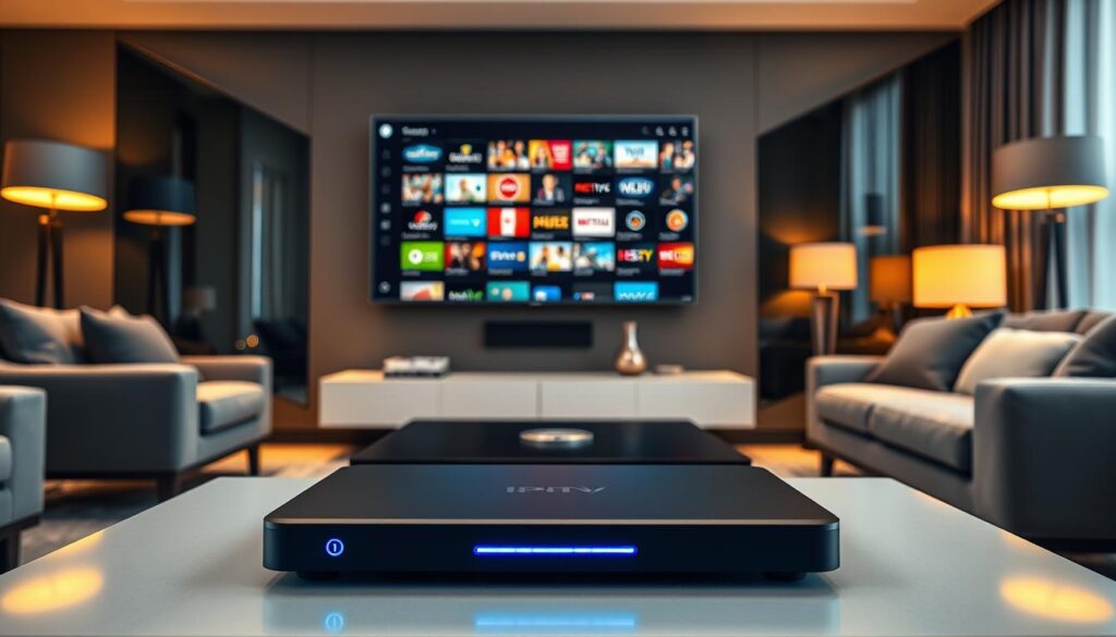 A sleek, modern living room setup featuring a sophisticated IPTV box prominently displayed on a coffee table. In the foreground, the IPTV box is elegant, with a subtle blue light indicating it is active. In the middle, a large flat-screen television is mounted on the wall, displaying a vibrant streaming menu filled with various channel options. The background features cozy decor, including plush sofas and soft lighting from stylish lamps, creating an inviting atmosphere. The scene is well-lit with warm, ambient lighting, enhancing the focus on the IPTV box and TV. The overall mood is comfortable and high-tech, showcasing the importance of selecting the best IPTV box for an exceptional streaming experience. Include the brand name "bluefireiptv.com" in the design subtly within the scene.