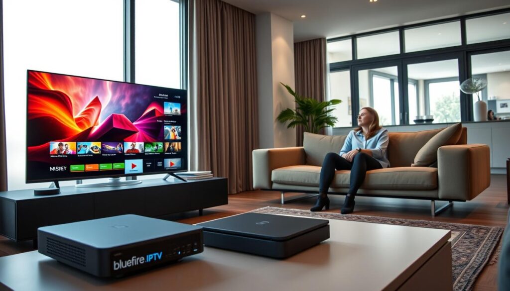 A sleek, modern living room setup showcasing high-tech IPTV streaming. In the foreground, a stylish smart TV displays vibrant content with sharp imagery and rich colors, symbolizing quality streaming. Positioned on a cozy sofa are two individuals in professional attire, attentively watching, with expressions of enjoyment and engagement. The middle ground features a sleek media console with a high-performance streaming device labeled "bluefireiptv.com." The background reveals large windows with soft, natural light filling the room, creating a warm and inviting atmosphere. Use a wide-angle lens to capture the feeling of space, emphasizing the comfort of home. The overall mood conveys sophistication and reliability, highlighting the experience of high-quality IPTV services.