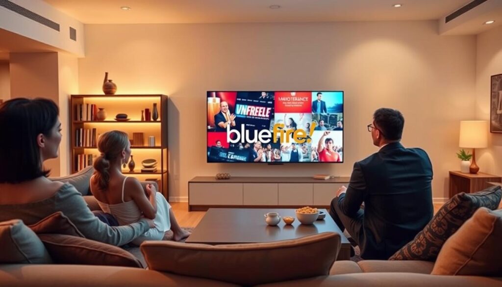 A sleek, modern living room showcasing a family enjoying premium IPTV service on a large, high-definition television, conveying superior streaming quality. In the foreground, an elegantly dressed couple are sitting on a stylish couch, their eyes glued to the screen displaying vibrant streaming content. In the middle ground, a crisp coffee table holds snacks and a remote, emphasizing the comfort of home entertainment. The background features bookshelves and soft ambient lighting, creating a warm and inviting atmosphere. The scene should reflect the reliability and excitement of IPTV, with a logo for "bluefireiptv.com" subtly integrated into the screen display. Use a wide-angle lens effect to capture the whole room, with soft warm tones to evoke a cozy mood.