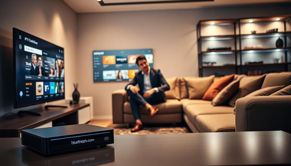 A sleek, modern living room showcasing a high-definition television displaying an IPTV interface, highlighting various channels and services. In the foreground, a stylish IPTV device is placed on a contemporary media console, clearly branded with "bluefireiptv.com". In the middle, a young professional in smart casual clothing sits on a plush sofa, engaged in setting up the device, displaying a sense of excitement and focus. The background features shelves with DVDs and streaming devices to imply compatibility with various platforms. Soft, warm lighting creates an inviting atmosphere, casting gentle shadows that enhance the feeling of comfort and familiarity. The image is captured from a slightly elevated angle to provide a comprehensive view, emphasizing the device's role in enhancing the streaming experience. A sleek, modern living room showcasing a high-definition television displaying an IPTV interface, highlighting various channels and services. In the foreground, a stylish IPTV device is placed on a contemporary media console, clearly branded with "bluefireiptv.com". In the middle, a young professional in smart casual clothing sits on a plush sofa, engaged in setting up the device, displaying a sense of excitement and focus. The background features shelves with DVDs and streaming devices to imply compatibility with various platforms. Soft, warm lighting creates an inviting atmosphere, casting gentle shadows that enhance the feeling of comfort and familiarity. The image is captured from a slightly elevated angle to provide a comprehensive view, emphasizing the device's role in enhancing the streaming experience.