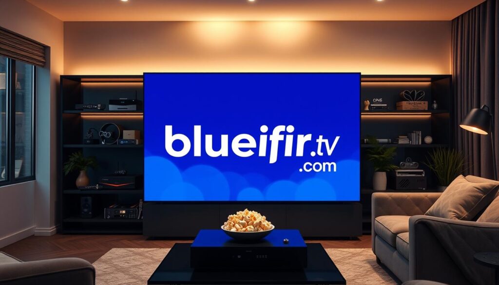 A sleek, modern living room showcasing a large flat-screen television displaying the logo of "bluefireiptv.com" prominently in the foreground. In the middle ground, a stylish, contemporary entertainment center features various IPTV devices, remote controls, and sleek cables organized neatly. The background reveals a cozy ambiance with soft lighting, highlighting the room's warm colors and comfortable seating. Add a few decorative elements like a coffee table with a bowl of popcorn and stylish plants, enhancing the inviting atmosphere. Use a wide-angle lens perspective to capture the full setting, creating an optimistic and professional mood that conveys the essence of the best IPTV service in the UK for 2026. The image is free of any text, ensuring a clean look focused on the service and the environment.