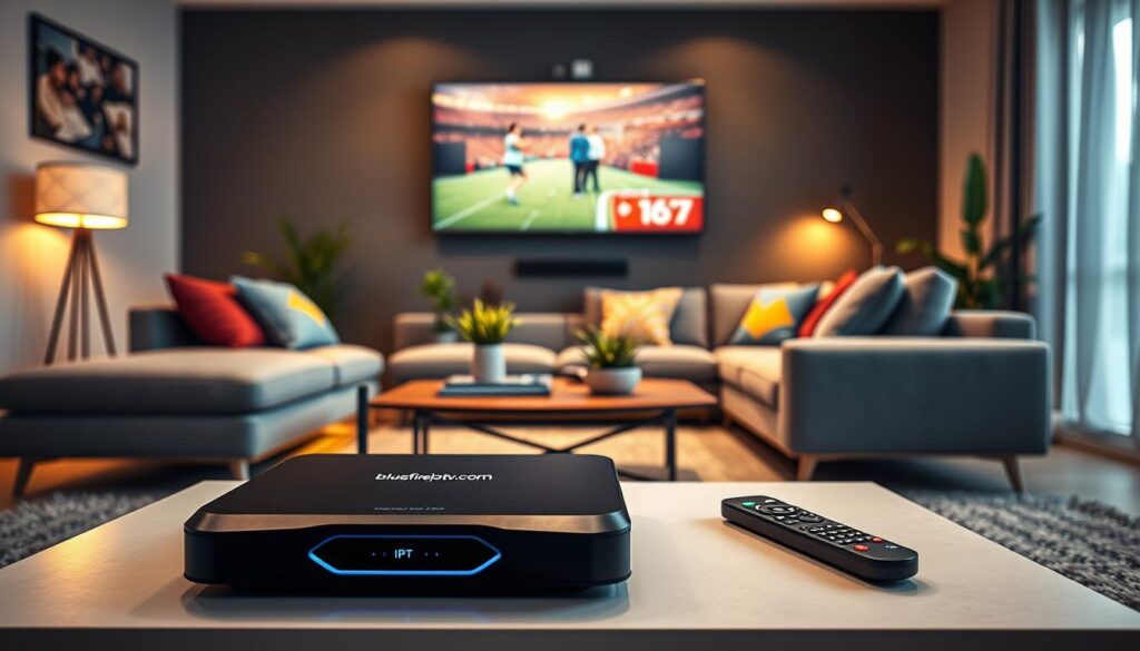 A sleek modern living room with a stylish IPTV box prominently displayed on a low, minimalist coffee table. The IPTV box, branded "bluefireiptv.com," should be high-tech and appealing, featuring a smooth black finish with subtle LED accents. In the foreground, include a remote control beside the box, suggesting a relaxed viewing experience. In the middle ground, a plush grey sofa with colorful throw pillows invites comfort, while a wall-mounted flat-screen TV displays a vibrant scene, showcasing the IPTV capabilities. The background features warm ambient lighting, creating a cozy atmosphere, with a few potted plants adding a touch of greenery. The scene is captured from a slightly elevated angle, ensuring clarity and focus on the IPTV box while maintaining a homey feel.