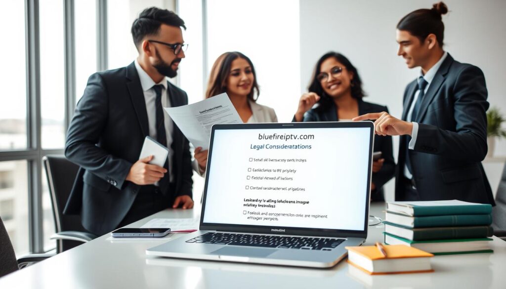 A sleek, modern office environment as the background, featuring a stylish desk with a laptop open to IPTV streaming content. In the foreground, a diverse group of three professionals, dressed in business attire, are engaging in a discussion around legal documents and guidelines relevant to IPTV usage in the UK. One individual holds a printed checklist titled "Legal Considerations" while another points at the laptop screen, highlighting IPTV options. A large window lets in natural light, creating a bright and focused atmosphere. Subtle hints of technology, like a smartphone and legal books, are placed strategically around the office. The image conveys a sense of professionalism and diligence, emphasizing the importance of understanding legal implications when using IPTV boxes in the UK. The branding "bluefireiptv.com" is subtly integrated into the laptop display.
