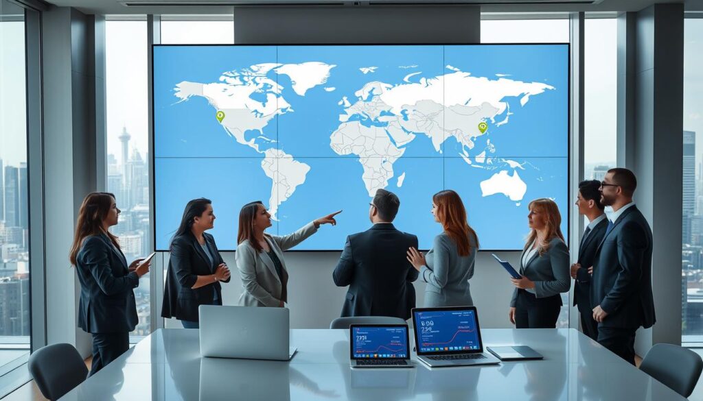 A sleek, modern office setting with a large wall-mounted screen displaying a world map, pinpointing different server locations with dynamic visual elements representing IPTV streaming quality. In the foreground, a diverse group of professionals in business attire discuss strategies, with one person pointing towards the map. The middle layer includes a stylish desk with devices like a laptop and tablets, showcasing graphics of bandwidth and latency metrics. The background features large windows with a city skyline, casting soft natural light into the room. The mood is collaborative and focused, emphasizing the critical nature of server location on streaming performance. The image subtly incorporates the branding "bluefireiptv.com" on the wall screen, enhancing the thematic relevance without being obtrusive. A sleek, modern office setting with a large wall-mounted screen displaying a world map, pinpointing different server locations with dynamic visual elements representing IPTV streaming quality. In the foreground, a diverse group of professionals in business attire discuss strategies, with one person pointing towards the map. The middle layer includes a stylish desk with devices like a laptop and tablets, showcasing graphics of bandwidth and latency metrics. The background features large windows with a city skyline, casting soft natural light into the room. The mood is collaborative and focused, emphasizing the critical nature of server location on streaming performance. The image subtly incorporates the branding "bluefireiptv.com" on the wall screen, enhancing the thematic relevance without being obtrusive.