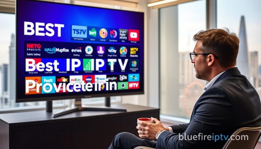 A sleek, modern workspace with a large computer monitor displaying vibrant IPTV logos and graphics, highlighting the "Best IPTV Providers in UK" theme. In the foreground, a professional individual in business attire sits engaged, closely analyzing the information, with a cup of coffee beside them. The middle ground features a digital screen filled with colorful charts and icons representing various IPTV services, emphasizing ease of use and variety. In the background, a contemporary office setting with soft lighting creates a welcoming atmosphere, while a glimpse of iconic UK landmarks like the Shard peeks through a window, adding context. The overall mood conveys professionalism and efficiency, reflecting the best of IPTV offerings. Include the brand name "bluefireiptv.com" subtly integrated into the design without disrupting the overall composition.