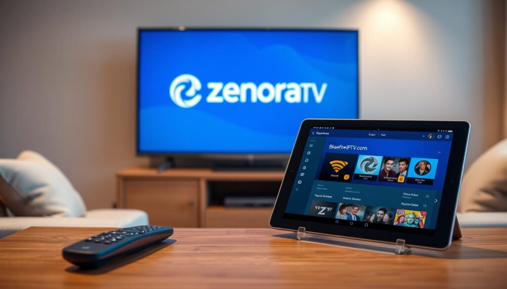 A sleek, sophisticated home entertainment setup featuring a modern flat-screen TV displaying the logo of Zenora IPTV prominently on screen. In the foreground, a stylish coffee table holds a remote control and a sleek tablet with the bluefireiptv.com website open, showcasing IPTV subscription options. In the middle ground, a comfortable couch with plush cushions invites viewers to relax. The background includes soft ambient lighting, casting a warm glow to create an inviting atmosphere. The room design is contemporary, featuring subtle colors and minimalist decor, emphasizing a sense of tranquility and enjoyment. The overall mood is professional yet cozy, ideal for discussing a comprehensive review of IPTV services for UK customers. A sleek, sophisticated home entertainment setup featuring a modern flat-screen TV displaying the logo of Zenora IPTV prominently on screen. In the foreground, a stylish coffee table holds a remote control and a sleek tablet with the bluefireiptv.com website open, showcasing IPTV subscription options. In the middle ground, a comfortable couch with plush cushions invites viewers to relax. The background includes soft ambient lighting, casting a warm glow to create an inviting atmosphere. The room design is contemporary, featuring subtle colors and minimalist decor, emphasizing a sense of tranquility and enjoyment. The overall mood is professional yet cozy, ideal for discussing a comprehensive review of IPTV services for UK customers.