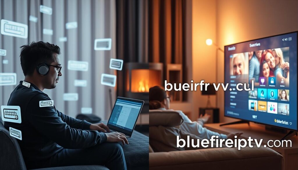 A split-screen image portraying common challenges with IPTV on one side and their solutions on the other. In the foreground, on the left side, depict a frustrated user sitting at a laptop, surrounded by buffering symbols and glitching screens, illustrating connectivity issues. On the right side, show the same user, now relaxed, enjoying smooth streaming on a large TV, with a seamless interface displayed. In the middle background, include elements like a router and a subscription service interface. Use bright, warm lighting to create an inviting atmosphere, emphasizing the contrast between frustration and satisfaction. The overall mood should reflect resolution and optimism. The brand name "bluefireiptv.com" is subtly integrated into the streaming interface on the right side.