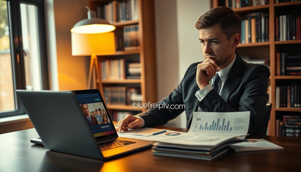 A thoughtful composition showcasing a person sitting at a stylish desk, evaluating IPTV options on a laptop. The individual, dressed in professional business attire, is intently focused on the screen, surrounded by comparison charts and notes. The foreground features a sleek laptop with a colorful IPTV interface displayed. In the middle, a bright table lamp casts warm lighting, enhancing the atmosphere of diligence and attention to detail. In the background, soft-focus bookshelves filled with tech and entertainment books create a cozy, intellectual vibe. Natural light filters in through a nearby window, adding to the inviting feel of the workspace. The overall mood is analytical yet relaxed, promoting a sense of clear decision-making. A subtle branding element of "bluefireiptv.com" appears within the interface, reinforcing the theme of choosing the best IPTV services.