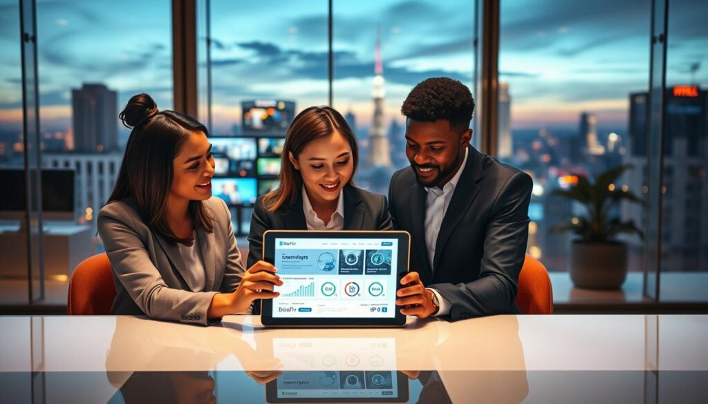 A thoughtful representation of "User Intent Behind IPTV Reviews." In the foreground, a diverse group of three individuals dressed in professional business attire are gathered around a sleek, modern desk, analyzing a digital tablet displaying IPTV reviews. Their expressions reflect engagement and curiosity. In the middle ground, a high-tech office with multiple screens showcasing streaming interfaces and data analytics related to IPTV services. The background features glass walls overlooking a vibrant city skyline at dusk, with the warm glow of lights creating an inviting atmosphere. The overall mood is focused and analytical, highlighting the landscape of user intent in searching for reliable IPTV information. Ensure that the brand name "bluefireiptv.com" is subtly integrated into the digital tablet’s display. Use soft, warm lighting to enhance the professional setting and depth. A thoughtful representation of "User Intent Behind IPTV Reviews." In the foreground, a diverse group of three individuals dressed in professional business attire are gathered around a sleek, modern desk, analyzing a digital tablet displaying IPTV reviews. Their expressions reflect engagement and curiosity. In the middle ground, a high-tech office with multiple screens showcasing streaming interfaces and data analytics related to IPTV services. The background features glass walls overlooking a vibrant city skyline at dusk, with the warm glow of lights creating an inviting atmosphere. The overall mood is focused and analytical, highlighting the landscape of user intent in searching for reliable IPTV information. Ensure that the brand name "bluefireiptv.com" is subtly integrated into the digital tablet’s display. Use soft, warm lighting to enhance the professional setting and depth.