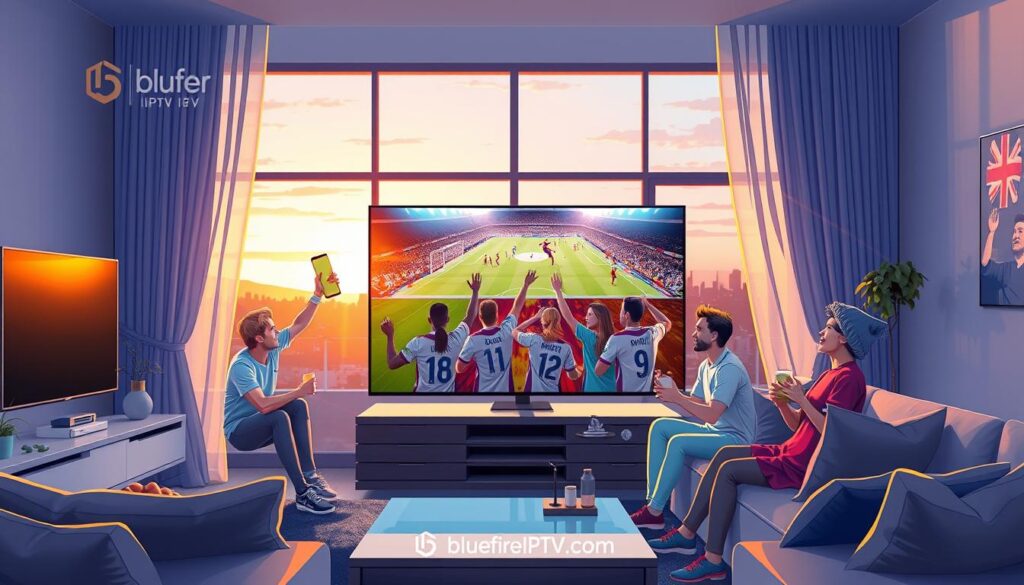 A vibrant and dynamic illustration depicting IPTV sports coverage focusing on popular events such as the Premier League and Champions League. In the foreground, show a sleek, modern living room with a large flat-screen TV displaying a live football match. The middle layer should include a group of diverse fans, wearing jerseys, animatedly cheering while holding snacks and drinks, dressed in casual attire. In the background, a window reveals a dusk skyline, casting warm hues into the room. Emphasize bright, engaging lighting to evoke excitement and energy, using a wide-angle perspective to capture the atmosphere. Include a subtle logo of "bluefireiptv.com" integrated into the scene, ensuring a professional and cohesive appearance.