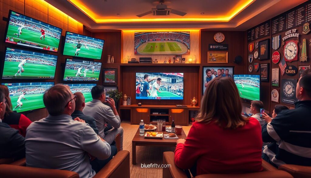 A vibrant and dynamic scene depicting extensive sports coverage for UK sports fans. In the foreground, a diverse group of fans in professional attire watches an array of sports on multiple screens, showcasing football, rugby, cricket, and tennis highlights. The middle ground features a cozy, modern living area with a large television broadcasting exciting live sports events, while a coffee table is adorned with snacks and drinks. In the background, a stylishly designed wall displays memorabilia from famous UK teams. The lighting is warm and inviting, with a focus on the screens illuminating the room, creating an enthusiastic atmosphere. Capture the essence of sports fandom, energy, and community. Include a subtle logo of "bluefireiptv.com" integrated into a sports-themed decoration.