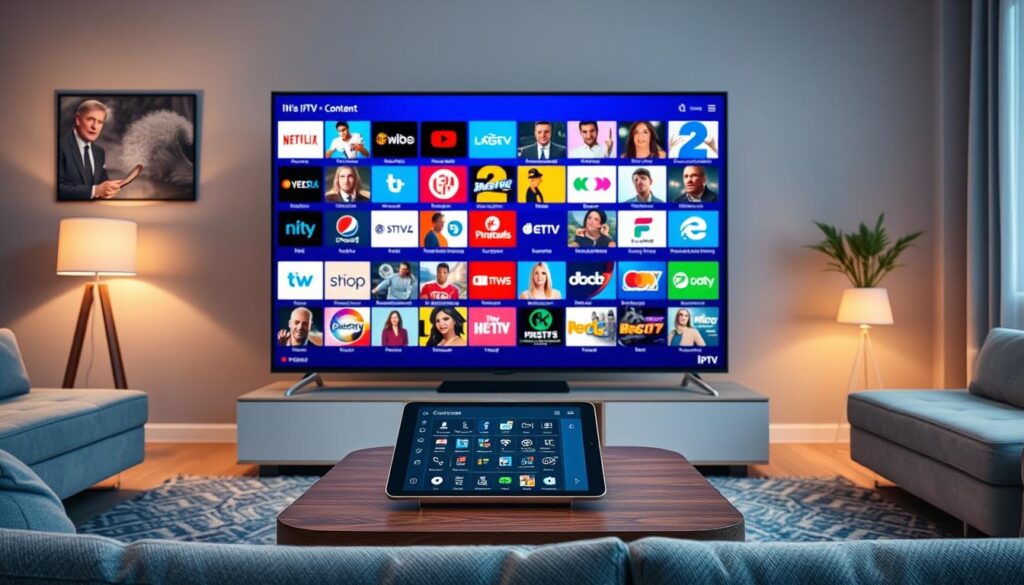 A vibrant and engaging image depicting an IPTV channels and content overview. In the foreground, showcase a sleek modern TV screen displaying a colorful array of IPTV channel logos and content thumbnails, emphasizing various genres like sports, movies, and documentaries. In the middle ground, include a stylish coffee table with a remote control and a tablet showing a user-friendly IPTV interface. The background should feature a cozy living room setting with soft ambient lighting, creating a warm and inviting atmosphere. Use a 35mm lens effect to add depth to the scene, ensuring clear and crisp details. The overall mood should convey excitement and ease of access to diverse streaming quality. Include a subtle branding element for "bluefireiptv.com" discreetly integrated into the scene without text overlay. A vibrant and engaging image depicting an IPTV channels and content overview. In the foreground, showcase a sleek modern TV screen displaying a colorful array of IPTV channel logos and content thumbnails, emphasizing various genres like sports, movies, and documentaries. In the middle ground, include a stylish coffee table with a remote control and a tablet showing a user-friendly IPTV interface. The background should feature a cozy living room setting with soft ambient lighting, creating a warm and inviting atmosphere. Use a 35mm lens effect to add depth to the scene, ensuring clear and crisp details. The overall mood should convey excitement and ease of access to diverse streaming quality. Include a subtle branding element for "bluefireiptv.com" discreetly integrated into the scene without text overlay.