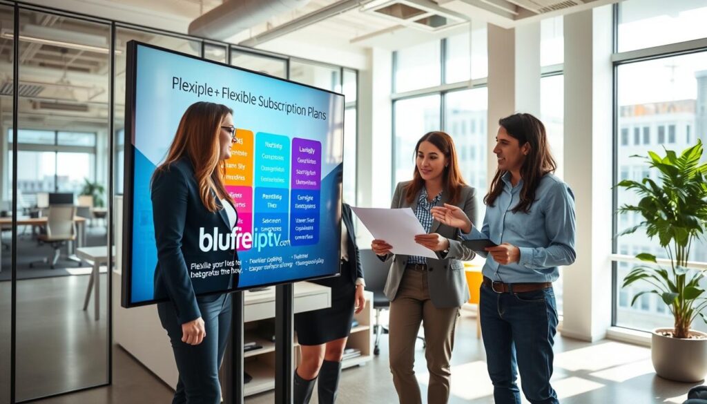 A vibrant and modern office setting featuring a diverse group of four professionals engaged in a discussion around flexible subscription plans. In the foreground, a large screen displays colorful graphics representing various subscription tiers and transparent pricing options, with the logo "bluefireiptv.com" subtly incorporated. In the middle, two women in business attire are reviewing documents while a man in casual yet professional clothing gestures towards the screen, explaining the benefits. The background shows a bright, airy office space with large windows letting in natural light, creating an energizing atmosphere. The lens captures dynamic angles to emphasize teamwork and collaboration, setting a positive and optimistic mood. The overall composition conveys an informative yet engaging scene related to subscription flexibility for UK viewers.