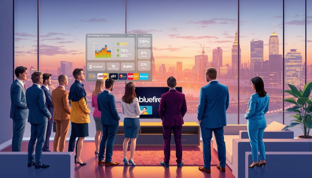 A vibrant illustration depicting the rising demand for IPTV services in the UK. In the foreground, a diverse group of professionals in smart business attire gather around a large digital screen displaying IPTV analytics and viewership statistics. The middle ground features a modern living room aesthetic, with a stylish television showcasing various streaming platforms, including the brand "bluefireiptv.com." In the background, a city skyline of London, illuminated by evening lights, symbolizes the connection between urban living and digital entertainment. The overall atmosphere is dynamic and engaging, with soft, warm lighting casting a professional yet inviting glow, creating a sense of excitement about the future of streaming services. The composition should highlight the interplay between technology and social interaction, without any text or additional overlays.