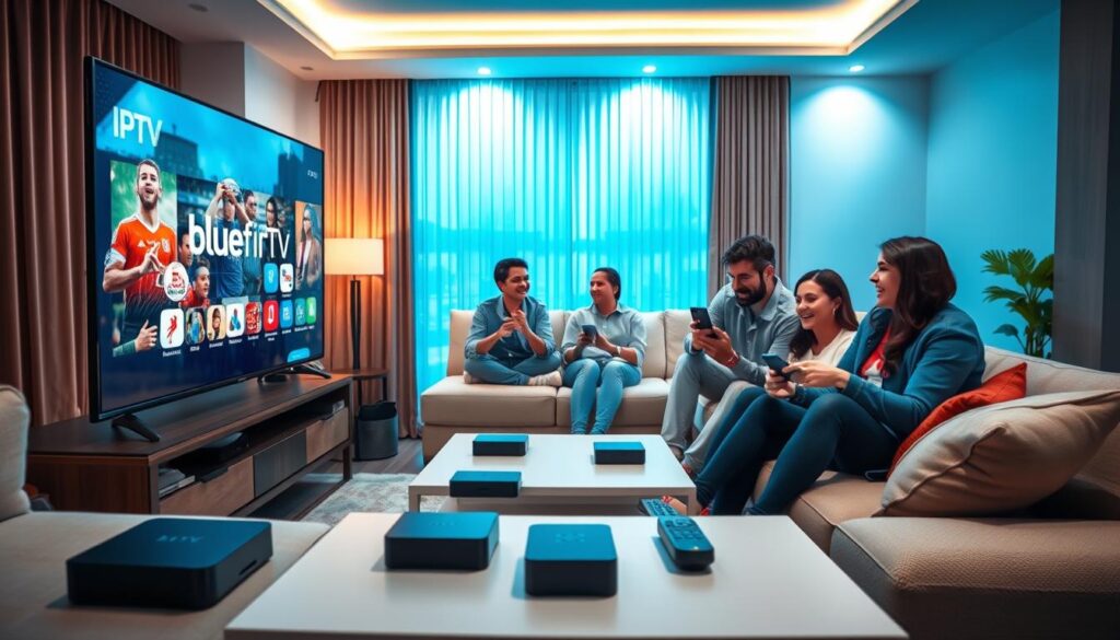 A vibrant living room scene showcasing the benefits of quality IPTV service. In the foreground, a modern smart TV displays a colorful array of channels with stunning clarity, reflecting the logo "bluefireiptv.com" on the screen. An excited family of four, dressed in smart casual attire, gathers on a cozy, stylish couch, engaging with their devices while watching a live sports game. In the middle, a sleek media console filled with streaming devices and remotes emphasizes the advanced technology associated with IPTV. The background reveals a warm, inviting atmosphere with soft, ambient lighting highlighting the details of the decor. The overall mood is cheerful and connected, epitomizing family bonding through high-quality entertainment.