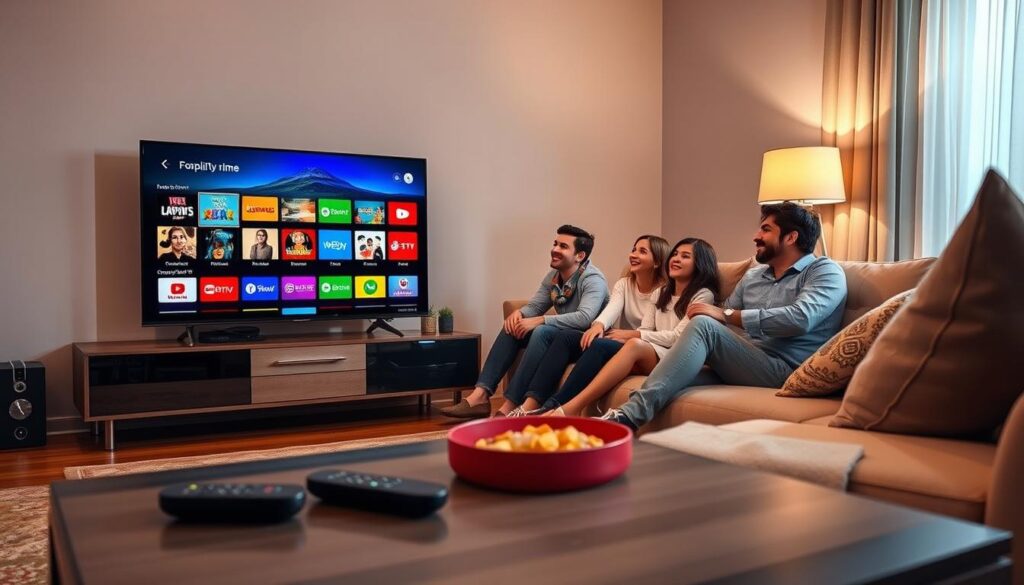A vibrant, modern living room scene showcasing the diversity of entertainment options available through IPTV services like bluefireiptv.com. In the foreground, a stylish coffee table is filled with remote controls and snacks, while a sleek smart TV displays an array of colorful app icons representing movies, children's shows, and international channels. The middle ground features a comfortable, cozy sofa with a family seated in professional casual attire, eagerly watching the screen, embodying joy and engagement. In the background, soft lighting from a lamp creates an inviting atmosphere, hinting at an evening setting, with subtle shadows enhancing the overall warmth. Natural light filters through the window, suggesting a seamless blend of modern technology and family bonding moments. A vibrant, modern living room scene showcasing the diversity of entertainment options available through IPTV services like bluefireiptv.com. In the foreground, a stylish coffee table is filled with remote controls and snacks, while a sleek smart TV displays an array of colorful app icons representing movies, children's shows, and international channels. The middle ground features a comfortable, cozy sofa with a family seated in professional casual attire, eagerly watching the screen, embodying joy and engagement. In the background, soft lighting from a lamp creates an inviting atmosphere, hinting at an evening setting, with subtle shadows enhancing the overall warmth. Natural light filters through the window, suggesting a seamless blend of modern technology and family bonding moments.