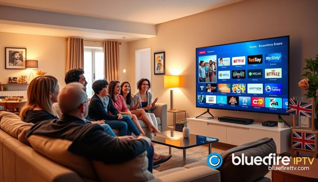 A vibrant scene showcasing the benefits of IPTV for UK viewers. In the foreground, a modern living room with a stylish sofa and a large screen displaying various streaming icons and channels, representing endless entertainment options. In the middle ground, a diverse group of viewers, dressed in smart casual attire, are engaged in a joyful viewing experience, emphasizing social interaction and enjoyment. The background features a cozy home setting with warm lighting, suggesting comfort and relaxation. The atmosphere is inviting and upbeat, capturing the essence of seamless streaming. Incorporate subtle visual elements that hint at the UK, like a small British flag on a side table. Include the logo of "bluefireiptv.com" subtly in the scene.