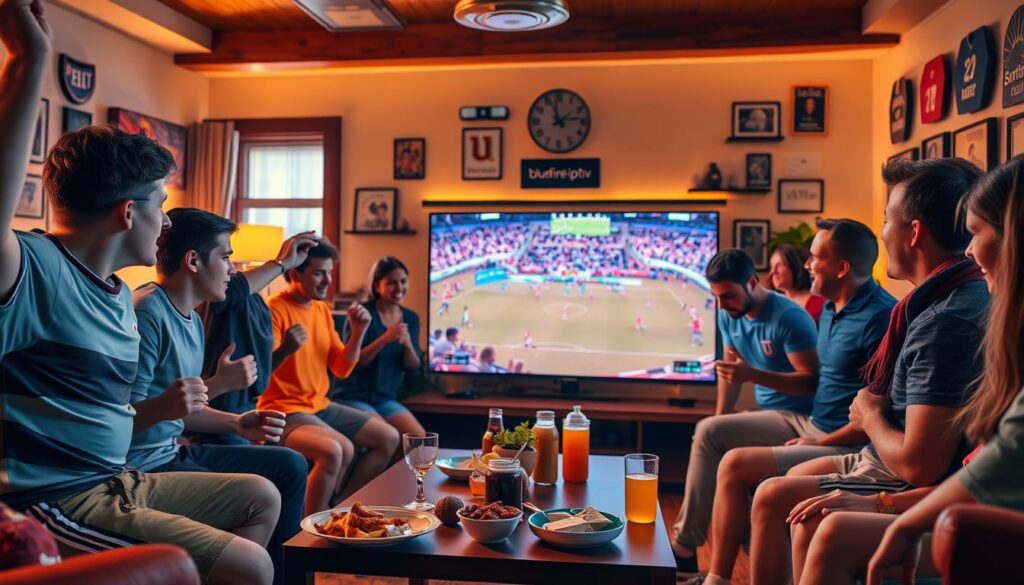 A vibrant scene showcasing the benefits of IPTV for sports lovers in the UK. In the foreground, depict a diverse group of excited fans, dressed in casual sports attire, gathered around a large, high-definition screen displaying a live sports event. In the middle, incorporate elements like snacks and drinks on a table, symbolizing a casual viewing party atmosphere. In the background, illustrate a cozy living room setting, with stylish furniture and sports memorabilia adorning the walls. Use warm lighting to create an inviting and energetic mood. Emphasize a sense of community and excitement as fans cheer for their favorite teams. Include a subtle logo of "bluefireiptv.com" on the screen as a reference to the IPTV service.