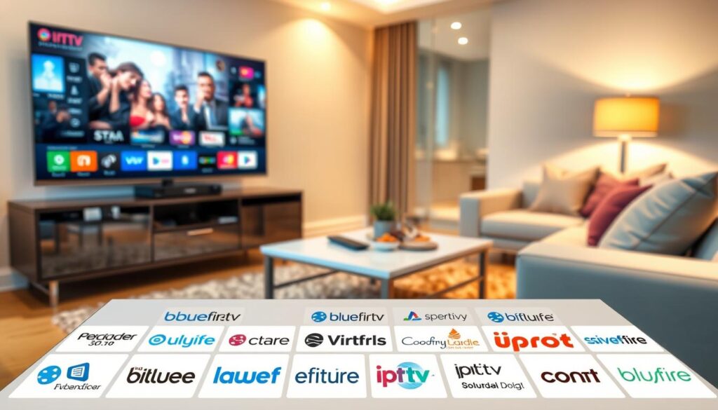 A visually appealing digital illustration featuring various IPTV provider logos, including "bluefireiptv.com", arranged in a sleek, modern layout. The foreground showcases a well-organized table displaying the logos prominently amidst a stylish background of a cozy living room setting with a large TV screen displaying vibrant streaming content. The middle layer includes elements like a polished coffee table with remote controls and snacks, emphasizing a relaxed viewing experience. The background features a softly lit room with warm lighting, giving the scene an inviting atmosphere. The overall mood should evoke comfort and leisure, highlighting the concept of enjoying quality streaming with different IPTV options in the UK. The image is free of text or other distractions, focusing solely on the IPTV theme.