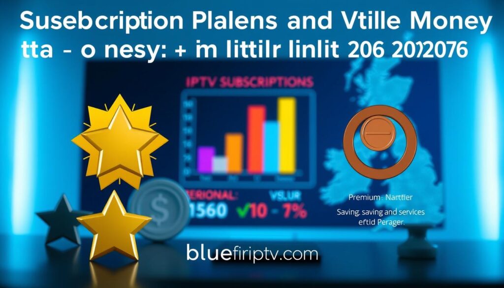 A visually compelling infographic showcasing "Subscription Plans and Value for Money in British IPTV (2026)." In the foreground, include sleek, modern icons representing various IPTV subscription options – a gold star for premium services, a silver badge for mid-tier, and a bronze token for entry-level plans. In the middle ground, display a graphical representation of value comparisons, like a bar graph or pie chart, with vibrant colors illustrating savings versus services offered. In the background, a digital map of the UK can hint at regional availability and coverage. The atmosphere should feel professional and informative, using a soft blue lighting to evoke trust and reliability, with a subtle depth of field effect. Include the brand name “bluefireiptv.com” incorporated as a watermark in the design. A visually compelling infographic showcasing "Subscription Plans and Value for Money in British IPTV (2026)." In the foreground, include sleek, modern icons representing various IPTV subscription options – a gold star for premium services, a silver badge for mid-tier, and a bronze token for entry-level plans. In the middle ground, display a graphical representation of value comparisons, like a bar graph or pie chart, with vibrant colors illustrating savings versus services offered. In the background, a digital map of the UK can hint at regional availability and coverage. The atmosphere should feel professional and informative, using a soft blue lighting to evoke trust and reliability, with a subtle depth of field effect. Include the brand name “bluefireiptv.com” incorporated as a watermark in the design.