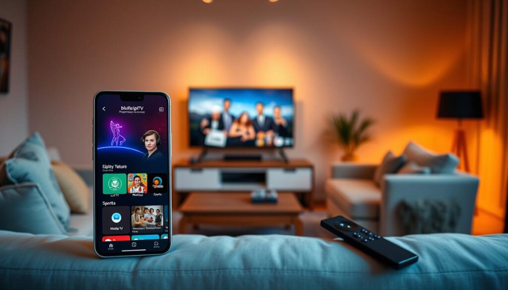 A visually engaging digital composition illustrating the top features of an IPTV app for seamless streaming. In the foreground, show a sleek, modern smartphone displaying the user interface of the IPTV app "bluefireiptv.com," featuring vibrant categories like Live TV, Movies, and Sports. In the middle, depict a cozy living room setting with a stylish television streaming content, alongside a remote control, enhancing the atmosphere of home entertainment. The background should feature soft, ambient lighting to create a warm, inviting feel, suggesting relaxation and enjoyment. Use a high-angle perspective to emphasize the app's interface and the cozy environment, while ensuring the overall mood conveys a sense of innovation and ease of use in digital streaming.
