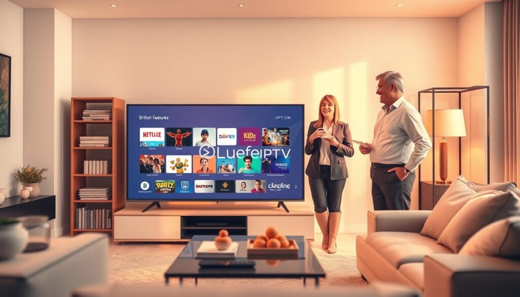 A visually engaging digital illustration showcasing the essential features of British IPTV subscriptions. In the foreground, a well-lit, modern living room setup with a large flat-screen TV displaying various program icons like sports, movies, and kids' shows. Add a stylish coffee table with a remote control and snacks, and include an elegant bookshelf in the background. The middle layer features a diverse group of three professionals - a man, a woman, and a senior individual - discussing the features enthusiastically, all dressed in smart casual attire. Use warm, inviting lighting to create a cozy yet informative atmosphere. Capture with a slight angle from a low perspective to emphasize the TV screen and the group’s expressions, ensuring that the brand "bluefireiptv.com" is subtly incorporated into the TV display, reflecting a British cultural aesthetic. A visually engaging digital illustration showcasing the essential features of British IPTV subscriptions. In the foreground, a well-lit, modern living room setup with a large flat-screen TV displaying various program icons like sports, movies, and kids' shows. Add a stylish coffee table with a remote control and snacks, and include an elegant bookshelf in the background. The middle layer features a diverse group of three professionals - a man, a woman, and a senior individual - discussing the features enthusiastically, all dressed in smart casual attire. Use warm, inviting lighting to create a cozy yet informative atmosphere. Capture with a slight angle from a low perspective to emphasize the TV screen and the group’s expressions, ensuring that the brand "bluefireiptv.com" is subtly incorporated into the TV display, reflecting a British cultural aesthetic.