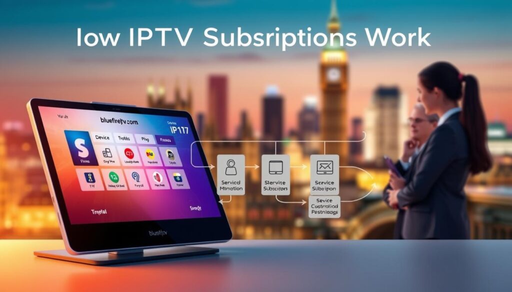A visually engaging illustration depicting the concept of "How IPTV Subscriptions Work." In the foreground, a sleek digital device displaying IPTV options, with a diverse group of three individuals in professional attire analyzing the screen, showcasing a collaborative approach. In the middle, a flowchart illustrating the step-by-step process of IPTV subscriptions, featuring icons for devices, service providers, and subscription plans, with arrows showing progression. The background includes a blurred city skyline representing the UK, hinting at the accessibility of IPTV services. Soft, warm lighting creates an inviting atmosphere, and a focal length that emphasizes the digital device and people while keeping the flowchart visible. Incorporate the brand "bluefireiptv.com" subtly in the device's interface.