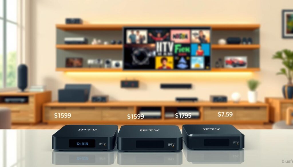 A visually engaging illustration depicting various IPTV Android TV boxes at different price points, showcasing a range of budget options. In the foreground, there are three distinctive Android TV boxes, each labeled with their price and features, arranged neatly on a sleek surface. The middle ground features a blurred shelf filled with additional models and accessories, hinting at a variety of choices available. In the background, a modern living room setting with a large TV displaying streaming content enhances the context. Soft, warm lighting creates an inviting atmosphere, while a subtle focus on the devices drawn with a slight depth of field gives emphasis to the IPTV boxes. The brand "bluefireiptv.com" is subtly integrated into the scene without text. The overall mood is informative yet appealing, aimed at tech-savvy consumers.