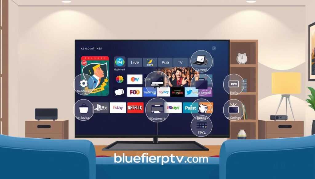 A visually engaging illustration showcasing the key features of IPTV services, specifically cheap UK options. In the foreground, a modern TV screen displaying an intuitive IPTV interface, showcasing various channels and on-demand content. The middle ground features icons representing essential features such as multi-device support, live TV, Video on Demand, and an electronic program guide (EPG), creatively arranged around the TV. The background features a cozy living room setting with soft lighting, evoking a welcoming atmosphere for budget-conscious viewers. The scene should have a subtle touch of technology, featuring abstract circuit patterns. Ensure a clean, professional look, omitting any text or branding, while including the subtle branding of "bluefireiptv.com" integrated into the design elements.