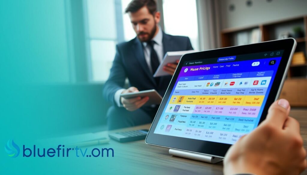 A visually engaging image depicting "Subscription Pricing and Value for Money in IPTV Services". In the foreground, a sleek digital tablet displays vibrant subscription plans with various icons representing channels, features, and pricing tiers. The middle ground features a professional businessperson in business attire, thoughtfully analyzing the tablet, with a calculator and notepad nearby, symbolizing a careful evaluation of costs versus benefits. The background presents a modern setting, such as a stylish home office with a large window letting in soft natural light, enhancing the atmosphere of productivity and decision-making. The overall mood is focused and analytical, reflecting the economic considerations of IPTV services. Integrate subtle branding elements of "bluefireiptv.com" within the image, being careful not to make it overpowering.
