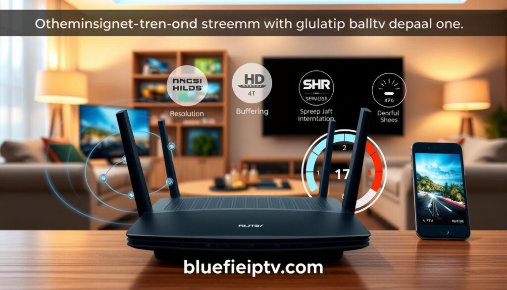 A visually engaging image depicting the concept of "Streaming Quality and Internet Connection Requirements" for IPTV services. Foreground: A sleek modern router emitting waves of connectivity to symbolize a strong internet connection, surrounded by various devices like a smart TV, tablet, and a smartphone, each displaying high-definition content screens. Middle ground: An infographic-style representation of streaming quality metrics, like resolution icons (HD, 4K), buffering symbols, and a speedometer showing optimal internet speeds, creatively integrated around the devices. Background: A soft-focus living room environment, warmly lit, conveying a cozy yet modern atmosphere, with comfortable seating and decor that implies a welcoming space for entertainment. Include the brand name "bluefireiptv.com" subtly in the design, ensuring it blends seamlessly with the overall composition. Aim for a clean, informative presentation with a professional tone.