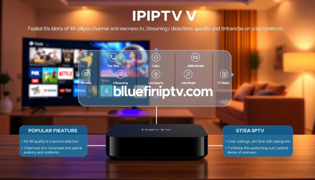 A visually engaging infographic illustrating the features and benefits of IPTV service. In the foreground, a sleek, modern digital device such as a streaming box or smart TV, with vibrant visuals displaying popular streaming icons. In the middle, an organized layout highlighting key features like 4K quality, diverse channel selection, live sports streaming, and interactive features, presented with attractive icons and concise descriptions. The background should subtly include elements like a cozy living room setting with comfortable seating and soft ambient lighting, creating a warm atmosphere. Use bright and inviting colors to evoke a sense of reliability and excitement about streaming. The brand name "bluefireiptv.com" should be prominently featured within the design, enhancing brand recognition.