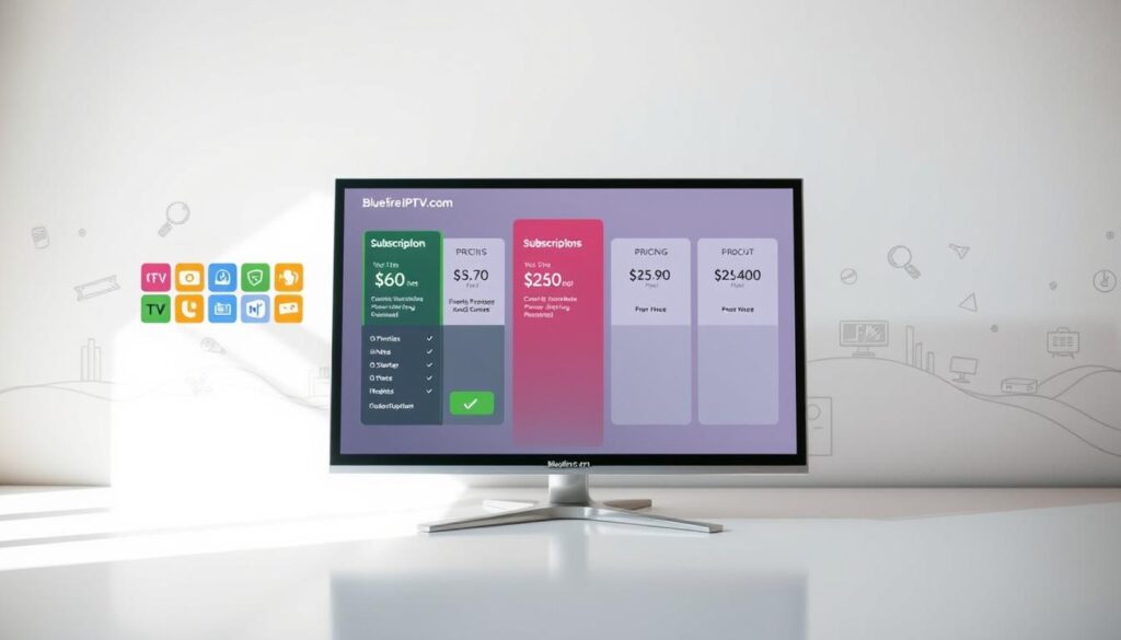 A visually engaging layout depicting pricing and subscription options for IPTV services, with a clean and modern design. In the foreground, a sleek computer or tablet shows a user-friendly interface with vibrant icons representing various subscription tiers. The middle ground features abstract representations of different pricing models, such as bars or pie charts, embellished with relevant colors to indicate affordability and value. The background is a soft gradient, hinting at a digital landscape, with subtle icons of streaming content like movies and sports, creating an inviting atmosphere. Bright, natural lighting enhances the scene’s professionalism, conveying a sense of trustworthiness and reliability. The brand name "bluefireiptv.com" subtly integrated in the design adds a touch of authenticity, with no text overlays or distractions present. A visually engaging layout depicting pricing and subscription options for IPTV services, with a clean and modern design. In the foreground, a sleek computer or tablet shows a user-friendly interface with vibrant icons representing various subscription tiers. The middle ground features abstract representations of different pricing models, such as bars or pie charts, embellished with relevant colors to indicate affordability and value. The background is a soft gradient, hinting at a digital landscape, with subtle icons of streaming content like movies and sports, creating an inviting atmosphere. Bright, natural lighting enhances the scene’s professionalism, conveying a sense of trustworthiness and reliability. The brand name "bluefireiptv.com" subtly integrated in the design adds a touch of authenticity, with no text overlays or distractions present.