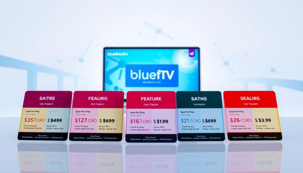 A visually engaging overview of IPTV subscription plans and pricing options in the UK, featuring a clean and modern design. In the foreground, display several colorful, neatly arranged digital cards or icons, each representing different IPTV plans, showcasing prices, features, and a logo for "bluefireiptv.com." In the middle ground, include a stylized, sleek laptop displaying a streaming interface, conveying high-tech sophistication. The background consists of a soft gradient, seamlessly blending shades of blue and white to enhance the technological feel, with subtle abstract shapes and designs suggesting connectivity. The lighting is bright and evenly distributed, creating an inviting atmosphere. The overall mood is informative and professional, suitable for readers seeking reliable IPTV options. A visually engaging overview of IPTV subscription plans and pricing options in the UK, featuring a clean and modern design. In the foreground, display several colorful, neatly arranged digital cards or icons, each representing different IPTV plans, showcasing prices, features, and a logo for "bluefireiptv.com." In the middle ground, include a stylized, sleek laptop displaying a streaming interface, conveying high-tech sophistication. The background consists of a soft gradient, seamlessly blending shades of blue and white to enhance the technological feel, with subtle abstract shapes and designs suggesting connectivity. The lighting is bright and evenly distributed, creating an inviting atmosphere. The overall mood is informative and professional, suitable for readers seeking reliable IPTV options.