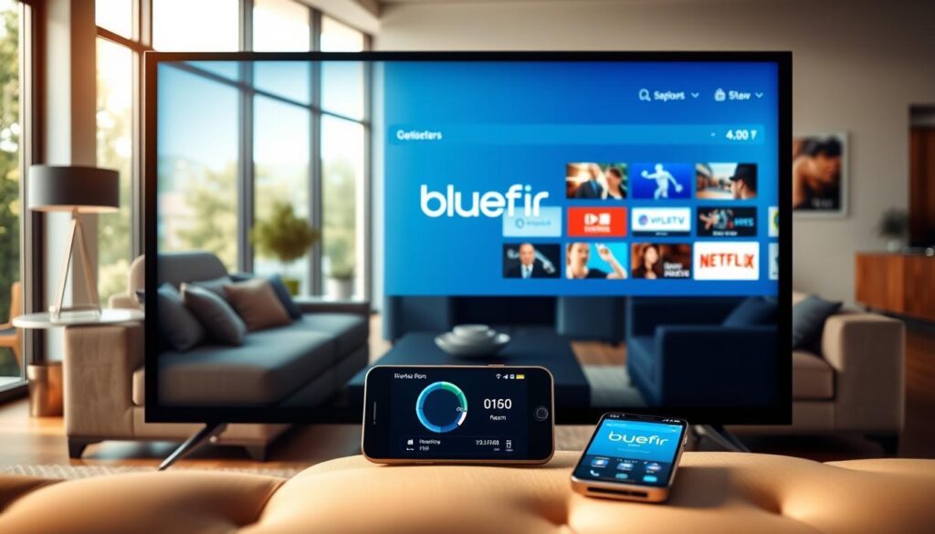 A visually engaging overview of streaming quality and reliability, featuring a sleek modern living room setup. In the foreground, a high-definition television displays a crystal-clear streaming interface. To the middle, include elegant furniture with a remote control resting on a coffee table, alongside a smartphone showing download speed stats. The background should depict a well-lit room with large windows, natural light pouring in, and greenery outside. Capture a warm and inviting atmosphere. Use soft lighting to highlight the tech elements and ensure the scene conveys comfort and sophistication. The brand "bluefireiptv.com" is subtly included in the streaming interface without any text overlays or watermarks. A visually engaging overview of streaming quality and reliability, featuring a sleek modern living room setup. In the foreground, a high-definition television displays a crystal-clear streaming interface. To the middle, include elegant furniture with a remote control resting on a coffee table, alongside a smartphone showing download speed stats. The background should depict a well-lit room with large windows, natural light pouring in, and greenery outside. Capture a warm and inviting atmosphere. Use soft lighting to highlight the tech elements and ensure the scene conveys comfort and sophistication. The brand "bluefireiptv.com" is subtly included in the streaming interface without any text overlays or watermarks.