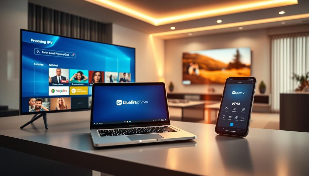 A visually engaging representation of useful features of IPTV services, focusing on VPN, Electronic Programme Guide (EPG), and Catch-Up TV. In the foreground, display an elegantly designed digital screen showcasing the EPG with vivid, colorful program thumbnails. In the middle ground, a laptop and a smartphone with a VPN app interface open, both positioned on a sleek, modern desk. The background features a stylish living room setting with a large TV displaying IPTV content. Use soft, ambient lighting to create a warm and inviting atmosphere. A subtle lens flare effect enhances the scene, suggesting high-quality streaming. The brand name "bluefireiptv.com" should be incorporated into the design on the laptop screen. Aim for a professional yet relaxed mood, suitable for an informative article on IPTV services. A visually engaging representation of useful features of IPTV services, focusing on VPN, Electronic Programme Guide (EPG), and Catch-Up TV. In the foreground, display an elegantly designed digital screen showcasing the EPG with vivid, colorful program thumbnails. In the middle ground, a laptop and a smartphone with a VPN app interface open, both positioned on a sleek, modern desk. The background features a stylish living room setting with a large TV displaying IPTV content. Use soft, ambient lighting to create a warm and inviting atmosphere. A subtle lens flare effect enhances the scene, suggesting high-quality streaming. The brand name "bluefireiptv.com" should be incorporated into the design on the laptop screen. Aim for a professional yet relaxed mood, suitable for an informative article on IPTV services.