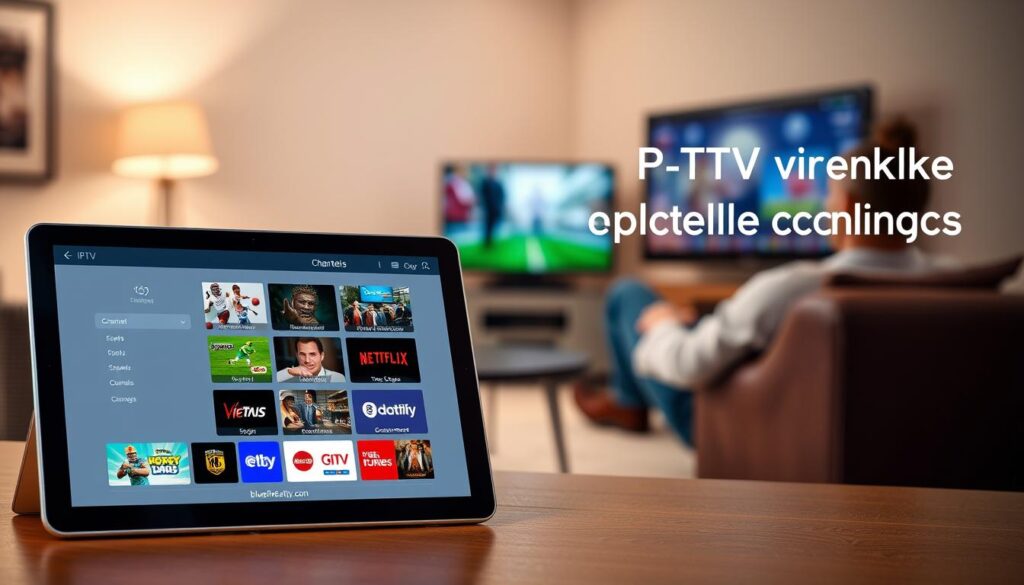 A visually engaging representation showcasing various IPTV service channel packages and content coverage. In the foreground, a sleek, modern digital tablet displays an organized interface with colorful icons representing popular channels and categories like sports, movies, and documentaries. The middle ground features a blurred image of a cozy living room setup, with a person in smart casual clothing lounging comfortably while watching TV on a large screen. The background consists of soft, ambient lighting that creates a warm atmosphere, suggesting a perfect home entertainment environment. The scene captures a sense of enjoyment and variety in content. Include subtle branding elements of "bluefireiptv.com" integrated into the tablet’s display.